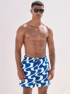 Navy Blue Wave Printed Swim Shorts