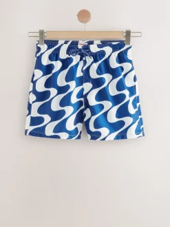 Navy Blue Wave Printed Swim Shorts