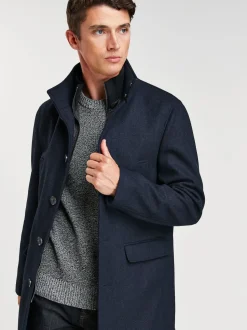 Navy Blue Wool Blend Mock Gilet Herringbone Padded Coat