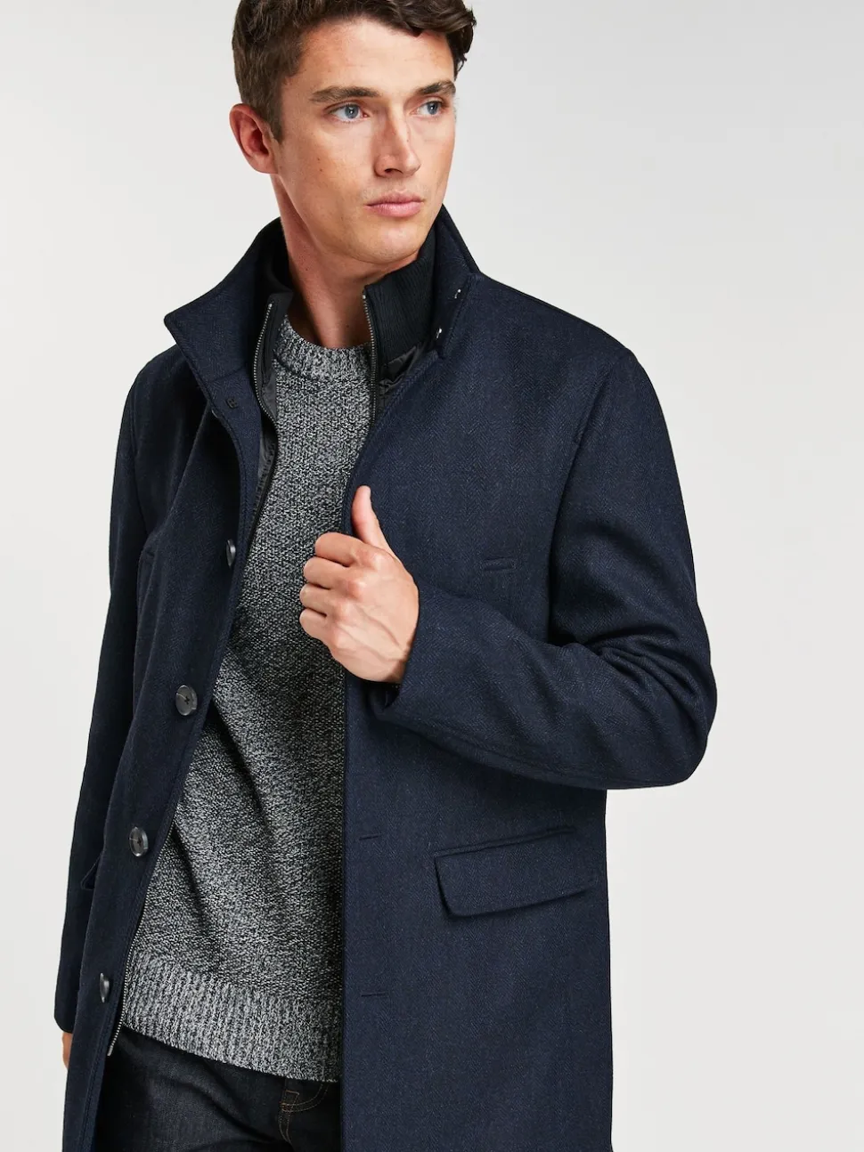 Navy Blue Wool Blend Mock Gilet Herringbone Padded Coat