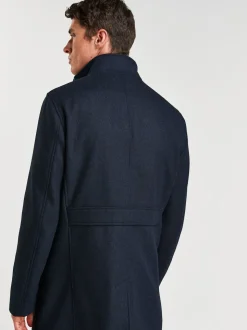 Navy Blue Wool Blend Mock Gilet Herringbone Padded Coat