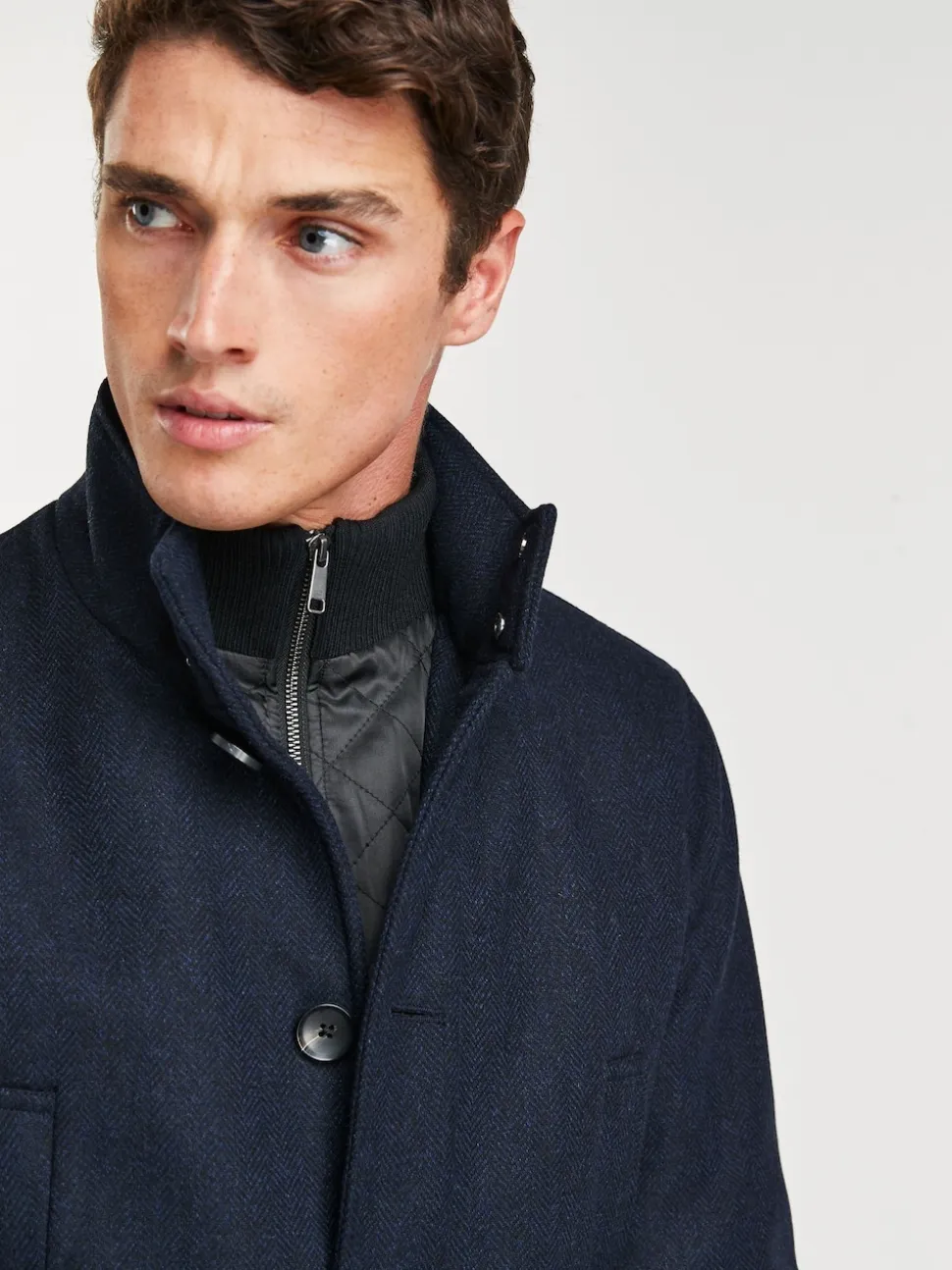 Navy Blue Wool Blend Mock Gilet Herringbone Padded Coat