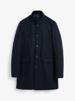 Navy Blue Wool Blend Mock Gilet Herringbone Padded Coat