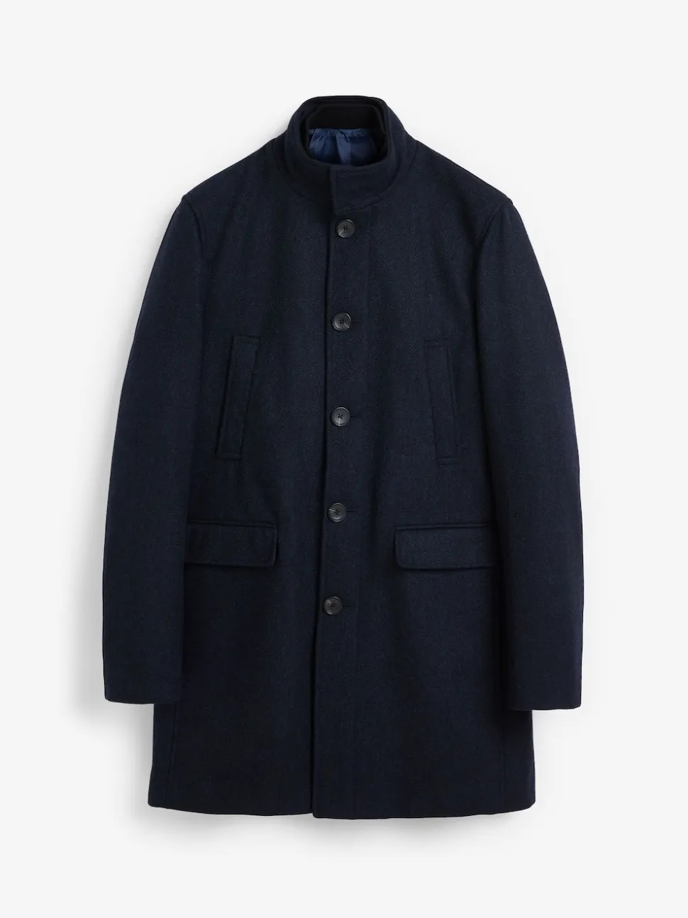 Navy Blue Wool Blend Mock Gilet Herringbone Padded Coat