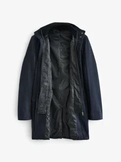 Navy Blue Wool Blend Mock Gilet Herringbone Padded Coat