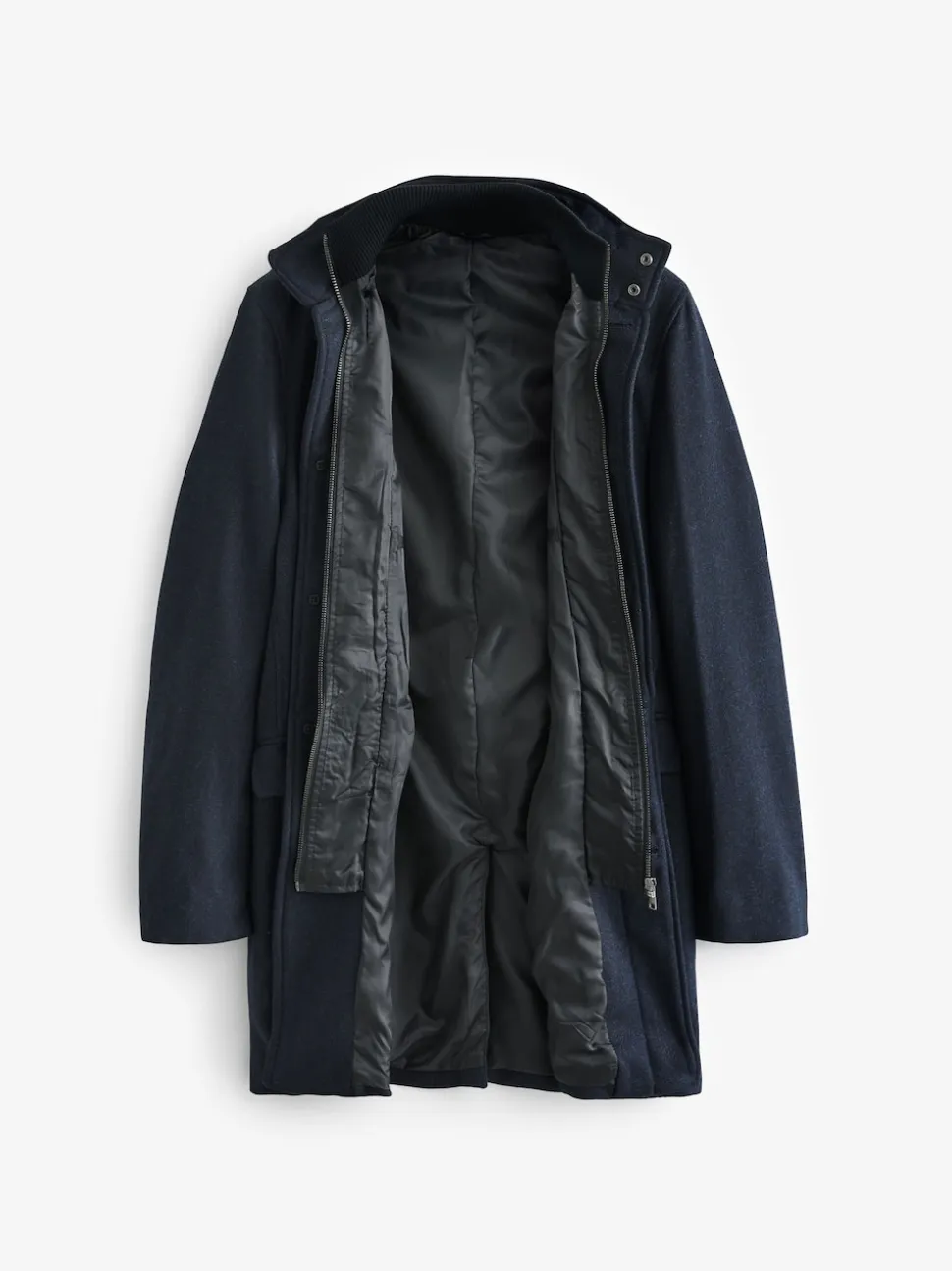 Navy Blue Wool Blend Mock Gilet Herringbone Padded Coat