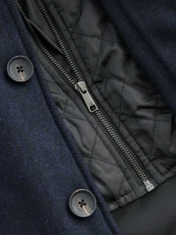 Navy Blue Wool Blend Mock Gilet Herringbone Padded Coat