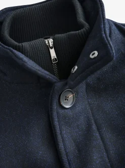 Navy Blue Wool Blend Mock Gilet Herringbone Padded Coat