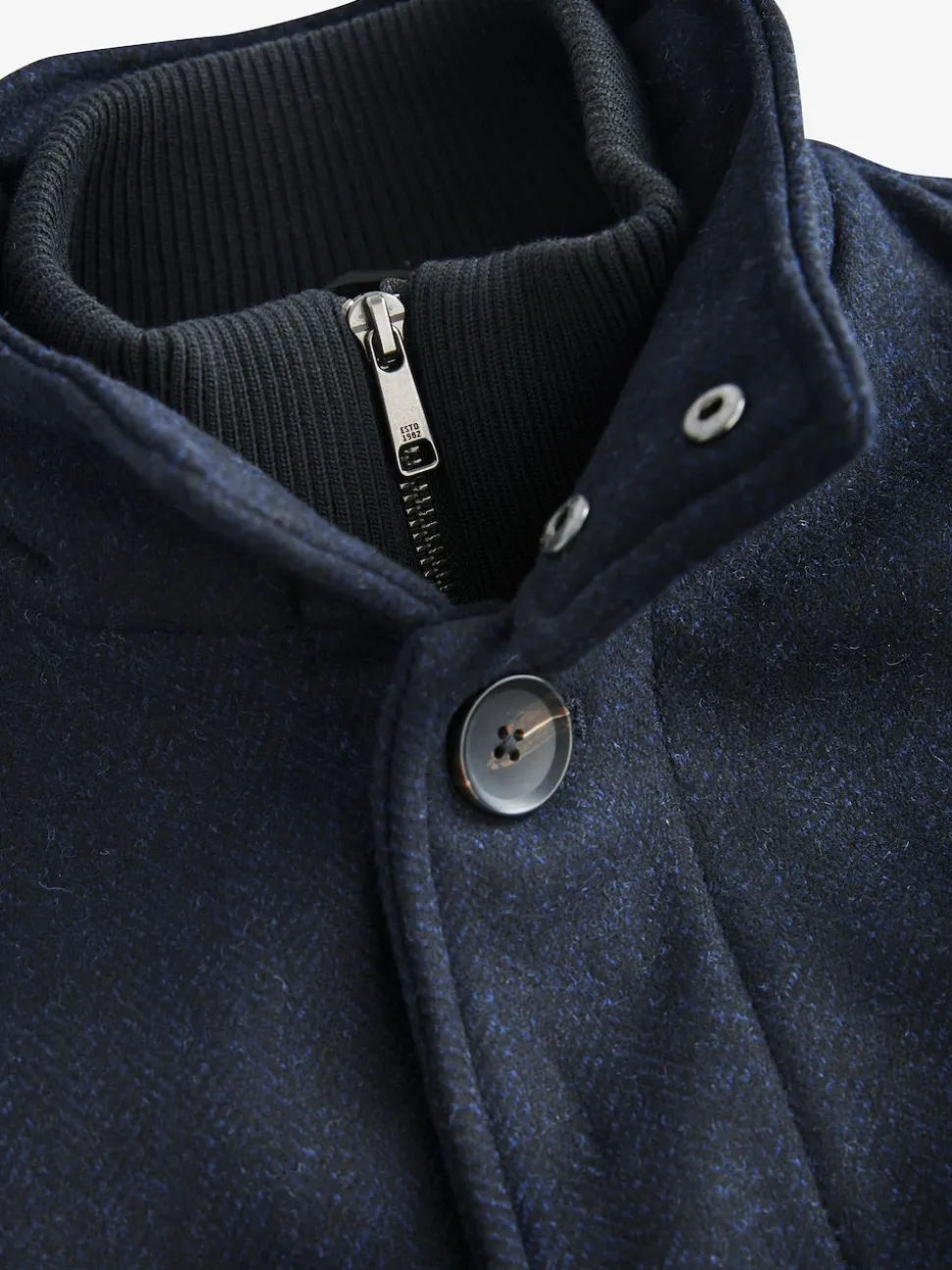 Navy Blue Wool Blend Mock Gilet Herringbone Padded Coat