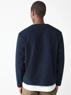 Navy Blue Wool Look Fleece Cardigan