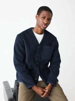 Navy Blue Wool Look Fleece Cardigan