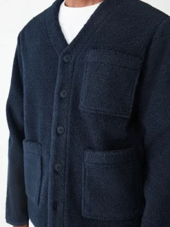 Navy Blue Wool Look Fleece Cardigan
