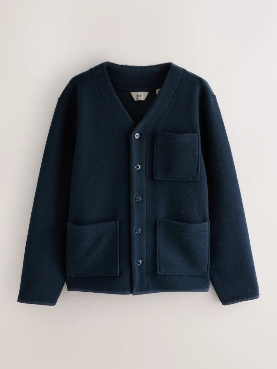 Navy Blue Wool Look Fleece Cardigan