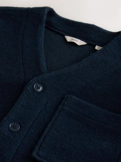 Navy Blue Wool Look Fleece Cardigan