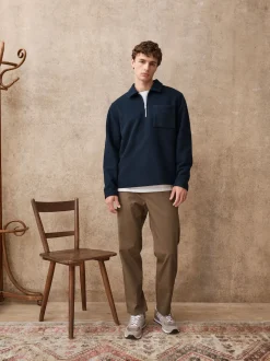 Navy Blue Wool Look Quarter Zip Polo Top