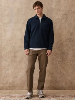 Navy Blue Wool Look Quarter Zip Polo Top