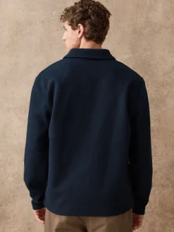 Navy Blue Wool Look Quarter Zip Polo Top
