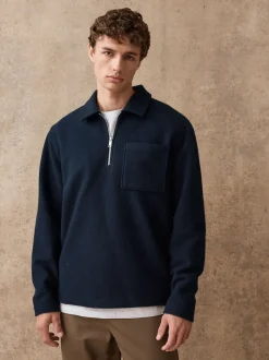 Navy Blue Wool Look Quarter Zip Polo Top