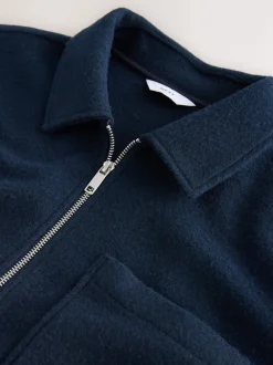 Navy Blue Wool Look Quarter Zip Polo Top