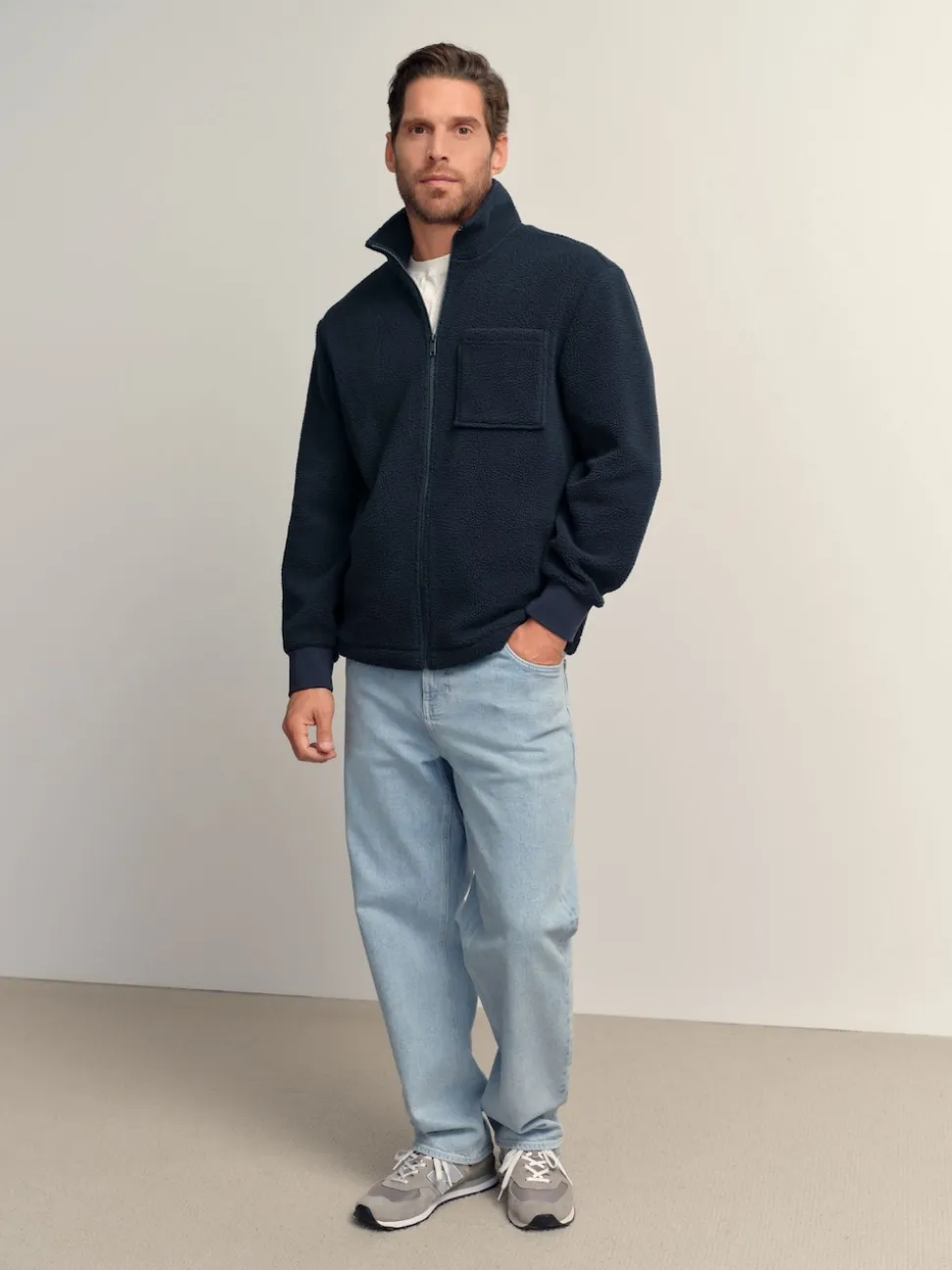 Navy Blue Zip Through Borg Fleece