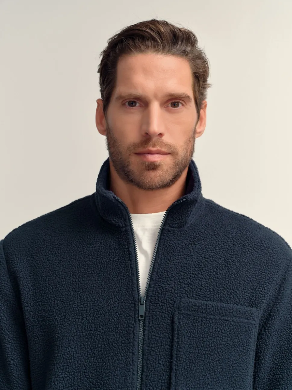 Navy Blue Zip Through Borg Fleece