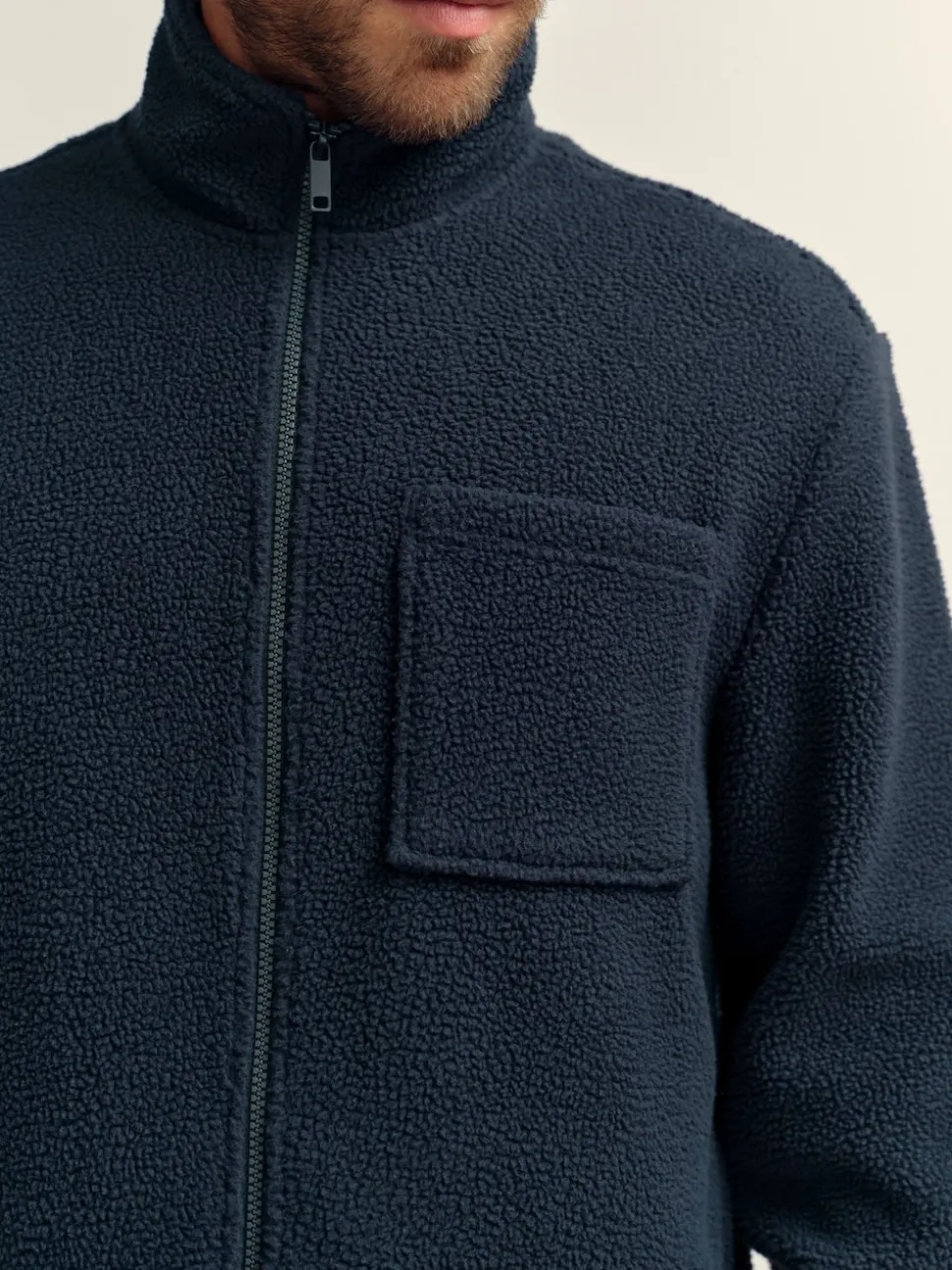 Navy Blue Zip Through Borg Fleece