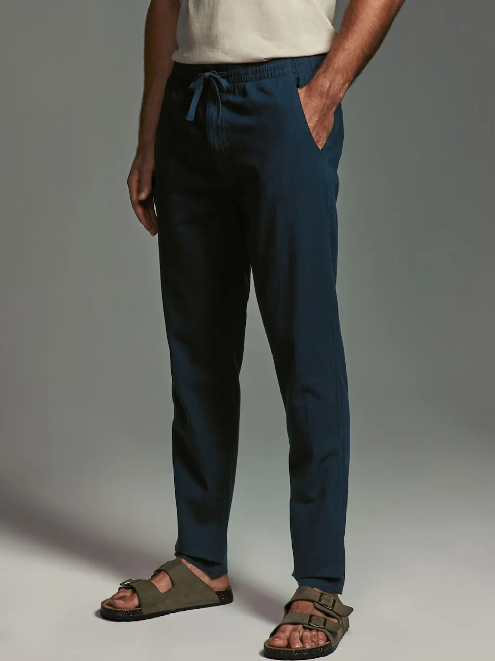 Navy Blue/Charcoal Grey Linen Cotton Elasticated Drawstring Trousers 2 Pack