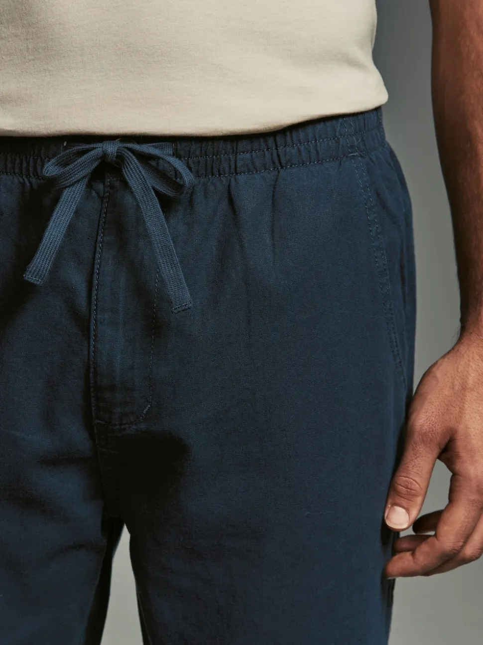 Navy Blue/Charcoal Grey Linen Cotton Elasticated Drawstring Trousers 2 Pack