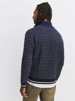 Navy Blue/Ecru White Relaxed Fit Geometric Pattern Zip Through Cardigan with Wool