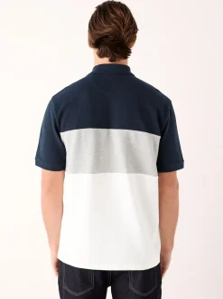 Navy Blue/Grey 100% Cotton Short Sleeve Button Up Block Polo Shirt