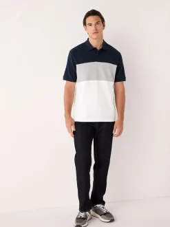 Navy Blue/Grey 100% Cotton Short Sleeve Button Up Block Polo Shirt