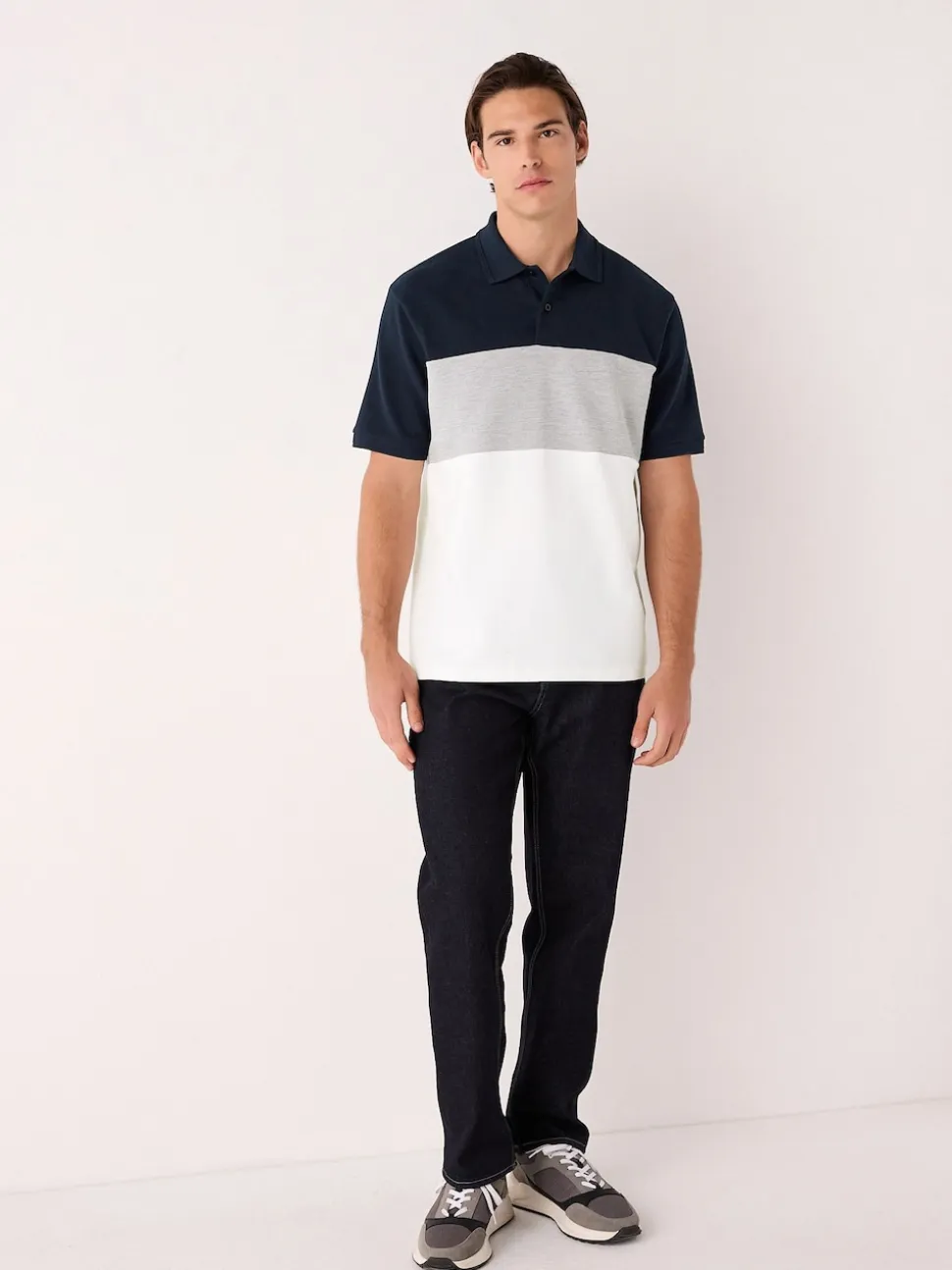 Navy Blue/Grey 100% Cotton Short Sleeve Button Up Block Polo Shirt