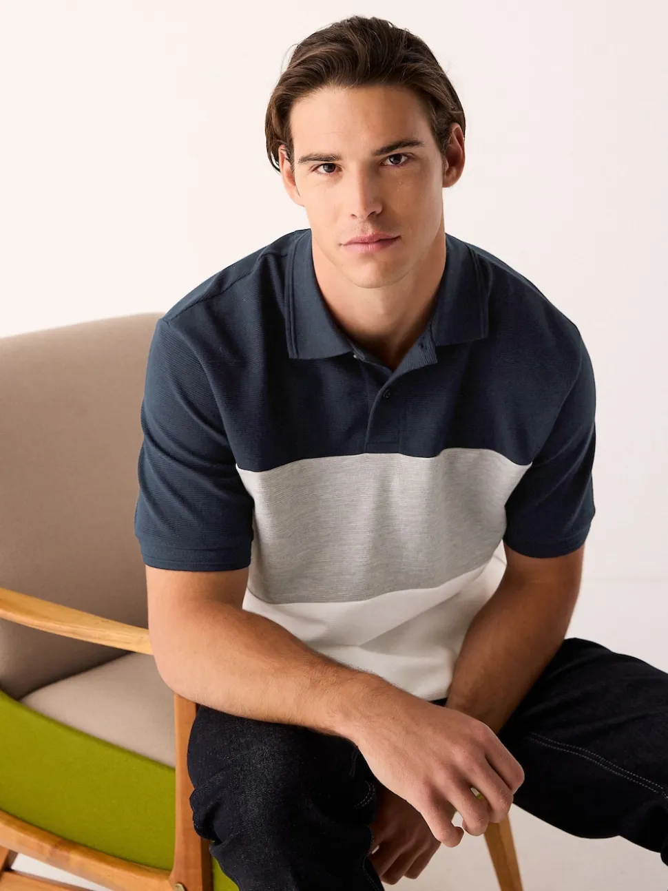 Navy Blue/Grey 100% Cotton Short Sleeve Button Up Block Polo Shirt