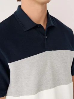 Navy Blue/Grey 100% Cotton Short Sleeve Button Up Block Polo Shirt