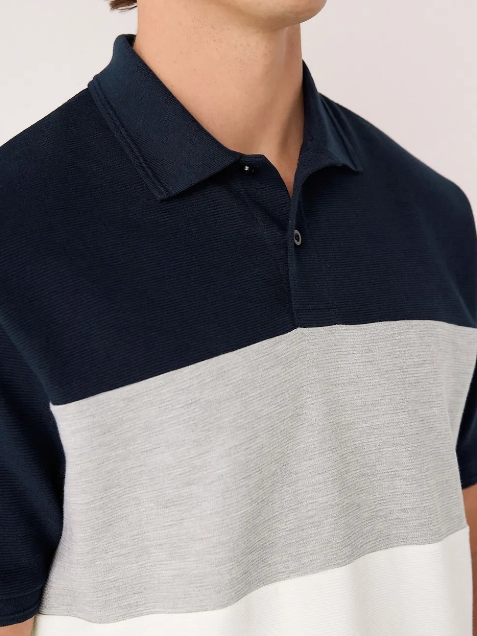 Navy Blue/Grey 100% Cotton Short Sleeve Button Up Block Polo Shirt