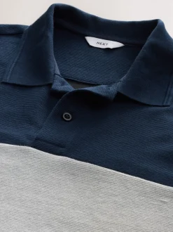Navy Blue/Grey 100% Cotton Short Sleeve Button Up Block Polo Shirt
