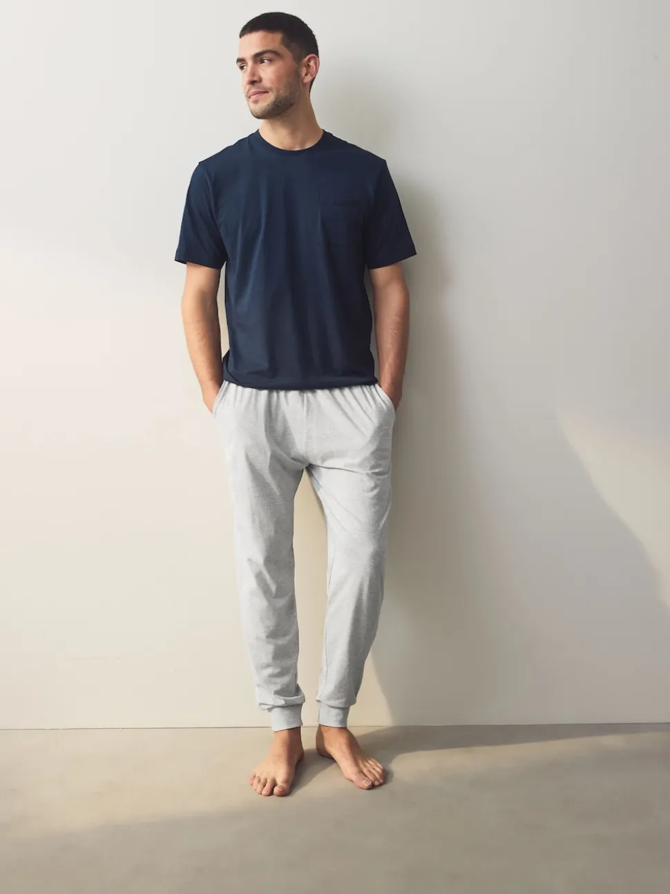 Navy Blue/Grey Marl Cuffed Jersey Pyjamas Set