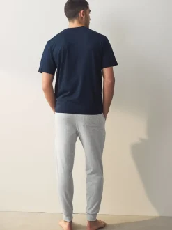 Navy Blue/Grey Marl Cuffed Jersey Pyjamas Set