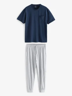 Navy Blue/Grey Marl Cuffed Jersey Pyjamas Set