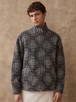 Navy Blue/Grey Printed Full Zip Funnel Neck Fleece