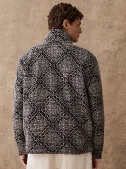 Navy Blue/Grey Printed Full Zip Funnel Neck Fleece