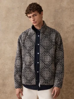 Navy Blue/Grey Printed Full Zip Funnel Neck Fleece