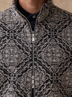 Navy Blue/Grey Printed Full Zip Funnel Neck Fleece