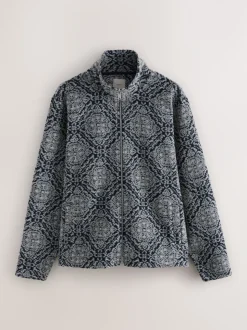 Navy Blue/Grey Printed Full Zip Funnel Neck Fleece