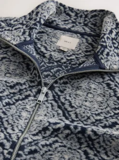 Navy Blue/Grey Printed Full Zip Funnel Neck Fleece