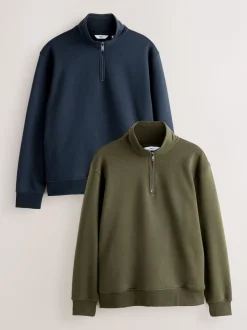 Navy Blue/Khaki Green 2 Pack Cotton Rich Heavyweight Jersey Quarter Zip Neck Sweatshirts