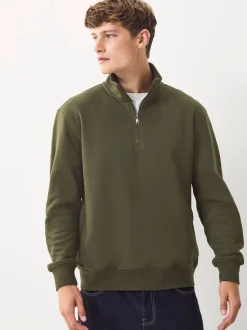 Navy Blue/Khaki Green 2 Pack Cotton Rich Heavyweight Jersey Quarter Zip Neck Sweatshirts