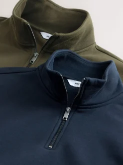 Navy Blue/Khaki Green 2 Pack Cotton Rich Heavyweight Jersey Quarter Zip Neck Sweatshirts