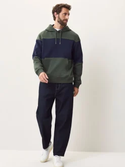 Navy Blue/Khaki Green Overhead Hoodie Colour Blocking Sweatshirt