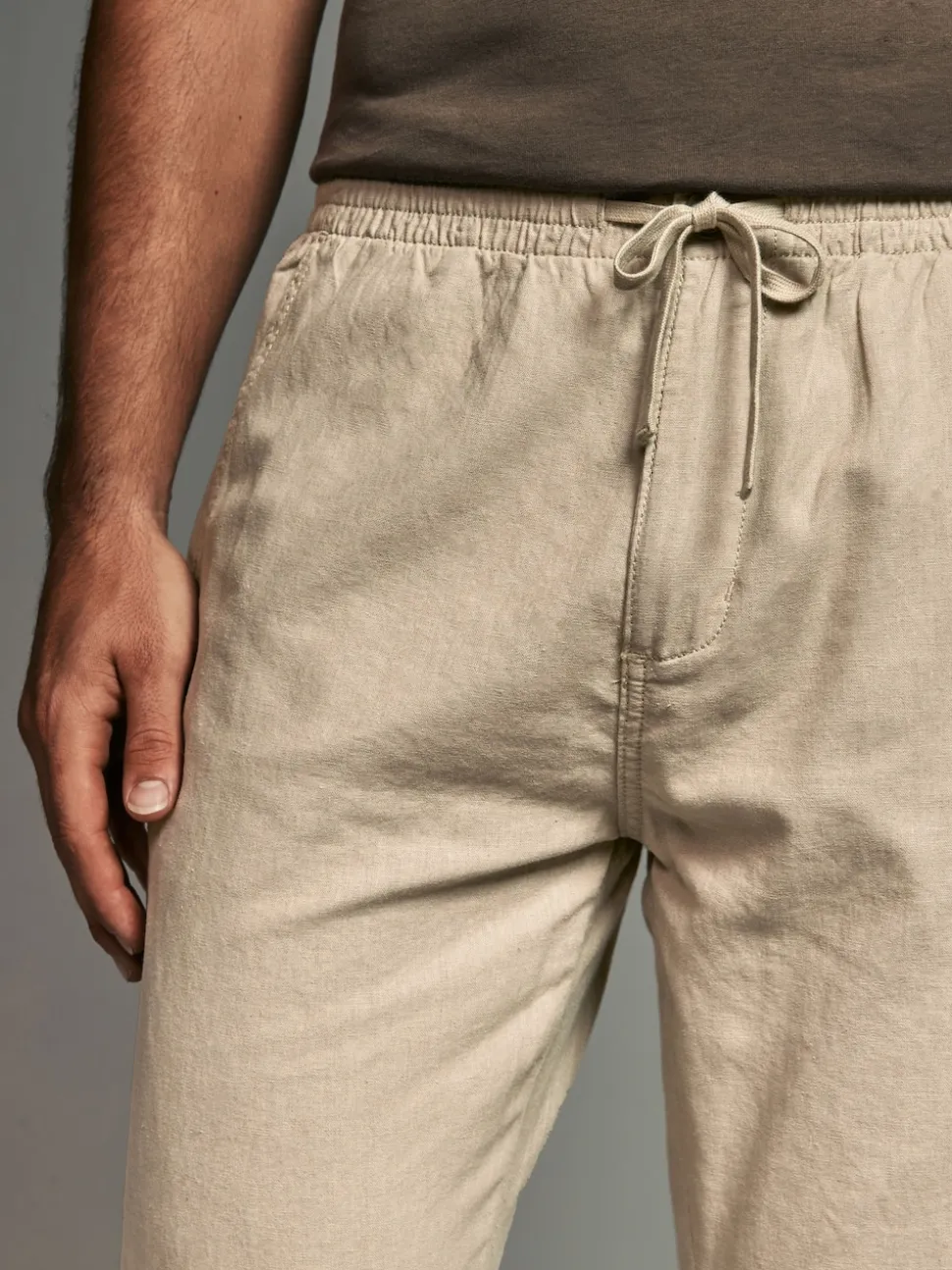 Navy Blue/Natural Ecru Linen Cotton Elasticated Drawstring Trousers 2 Pack
